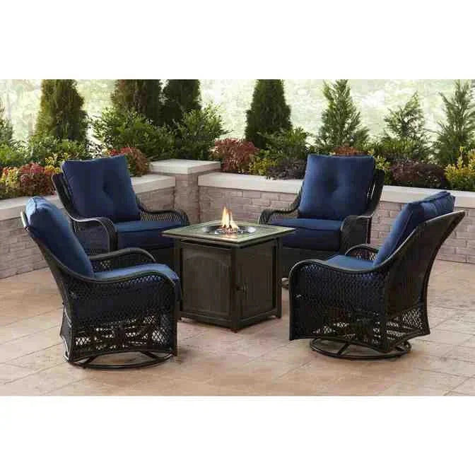 2026 New2025 5-piece steel patio fire pit seating set with navy blue cushions, swivel gliders and square fire pit table