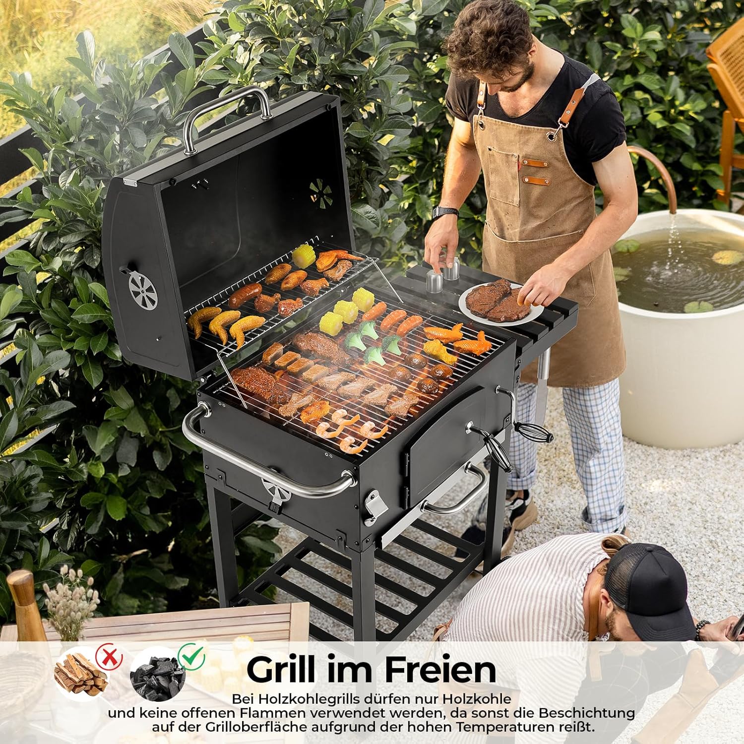 2026 Barbacoa de Carbon XXL, Parrilla de Carbón con Chimenea y Tapa, Parrilla con Carrito BBQ Smoker con Ruedas y Termómetro, Grande BBQ Carbon para Camping y Jardín