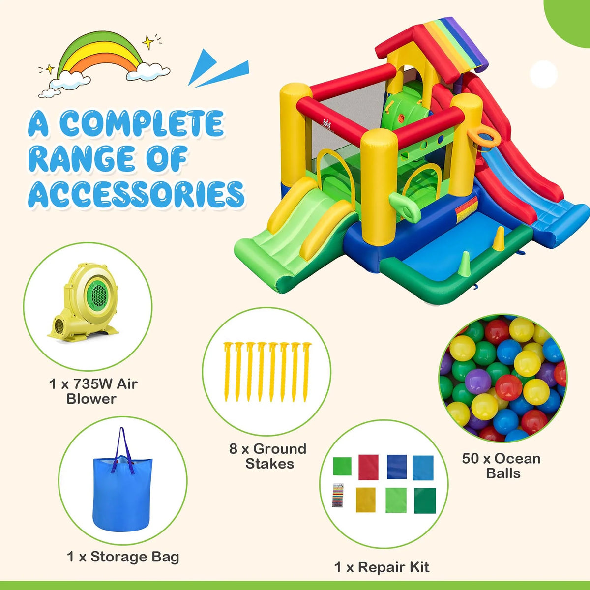 2026 NewCostway Colorful Rainbow Kids Inflatable Bounce Castle with 50 Ocean Balls & 735W Blower