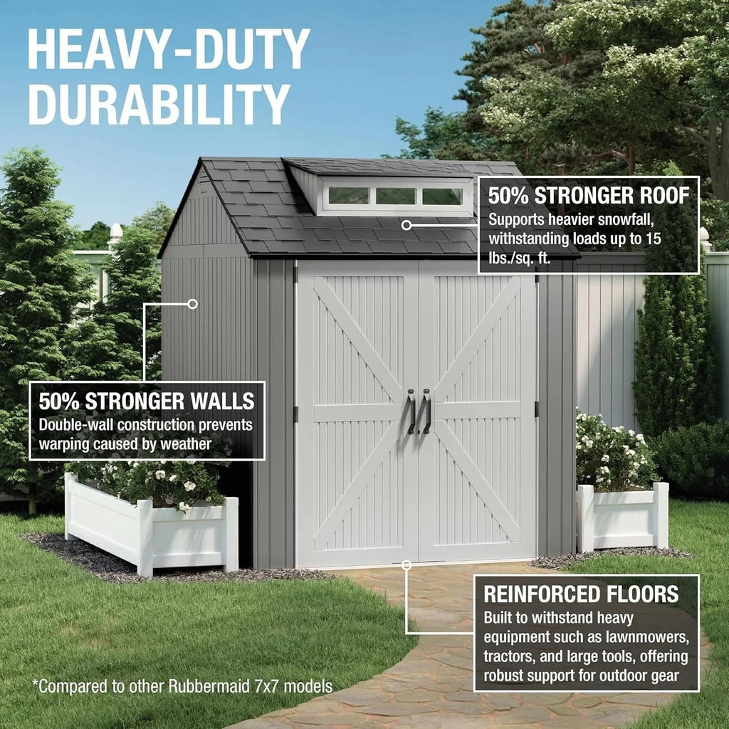 2026 NewRubbermaid resin garden shed with floor (2.13 x 2.13 m), weatherproof, grey, for storing garden tools, lawnmowers, bicycles and pool accessories
