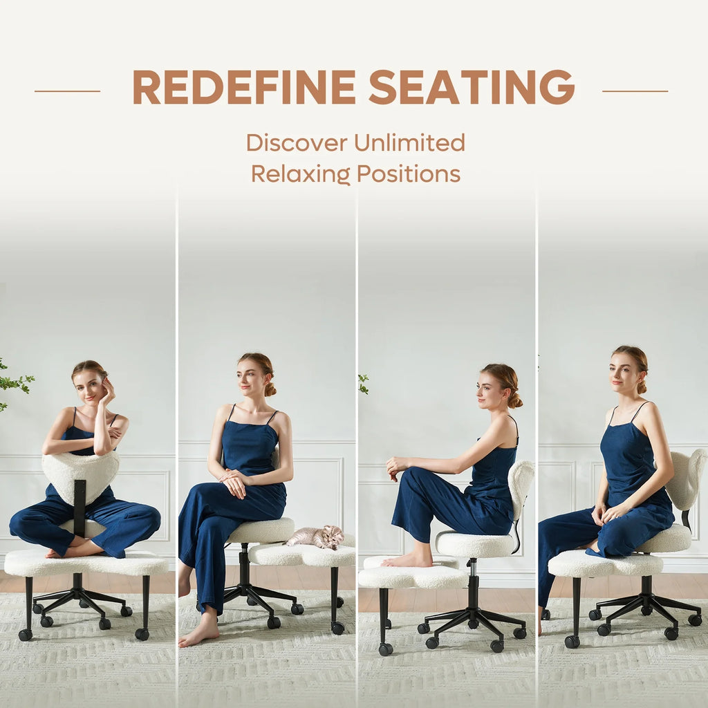 2026 NewPinmoco Ergonomic Cross Legged Swivel Chair, Adjustable Height and Teddy Fabric, Meditation& ADHD Chair with Back Support, Home and Office, Off White