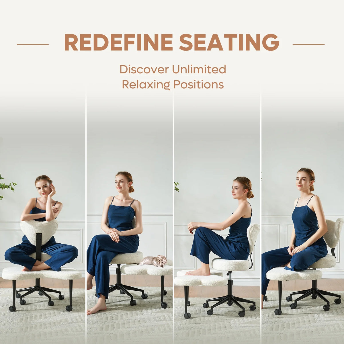 2026 NewPinmoco Ergonomic Cross Legged Swivel Chair, Adjustable Height and Teddy Fabric, Meditation& ADHD Chair with Back Support, Home and Office, Off White