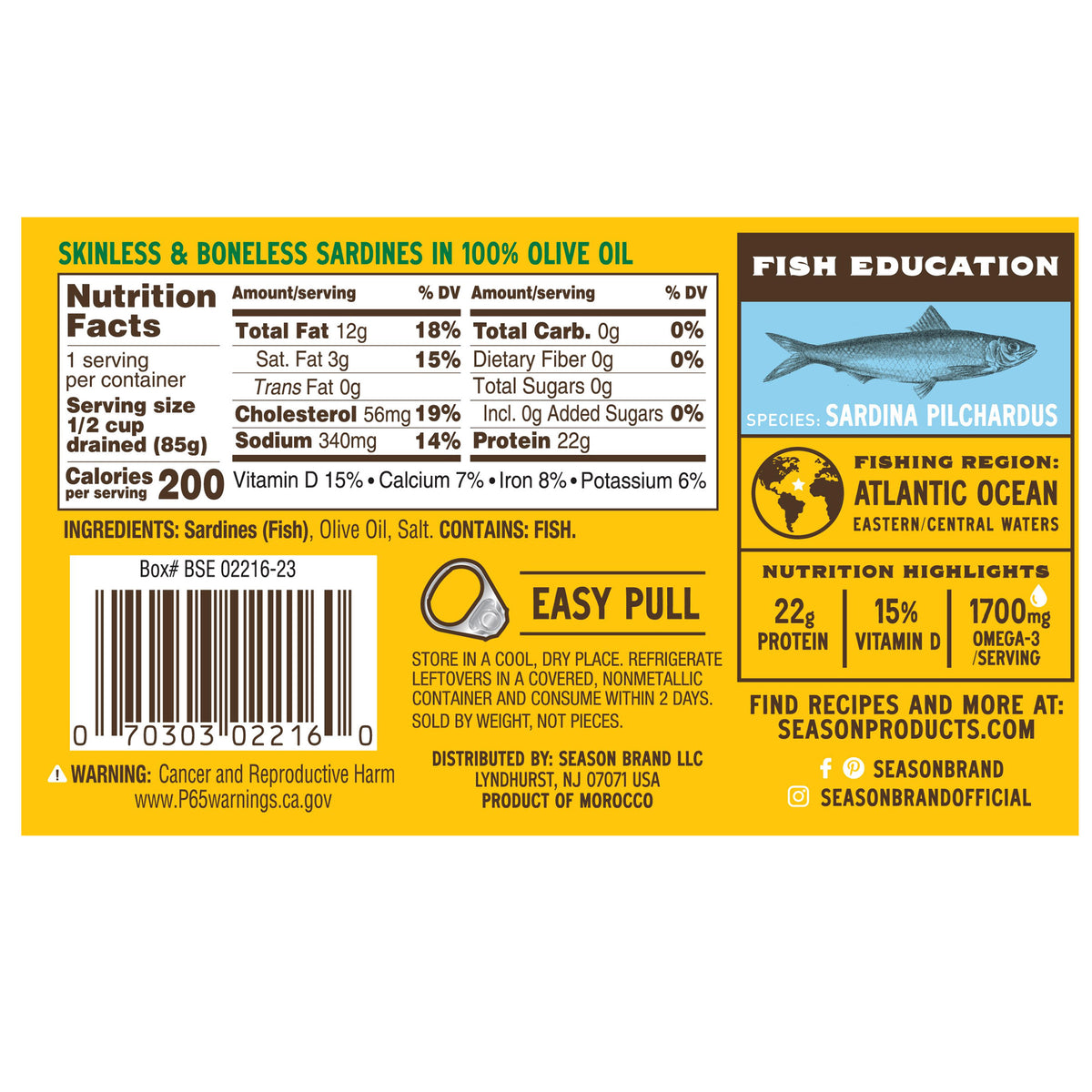 2026 NewSeason Sardine Fillets In 100% Olive Oil, Wild Caught, Skinless & Boneless, 4.375 oz, 6-Count