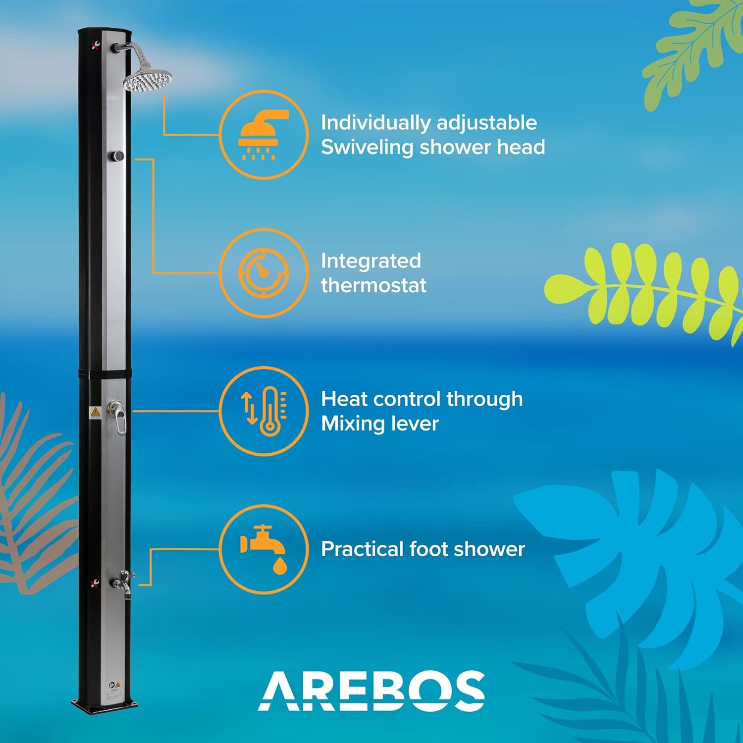 2026 Arebos Ducha Solar | 35 litros | 216cm | con termómetro Integrado | Incl.Portada | Cabezal de Ducha Redondo | con Ducha de pies | Ducha de jardín con conexión para Manguera de jardín | Negro