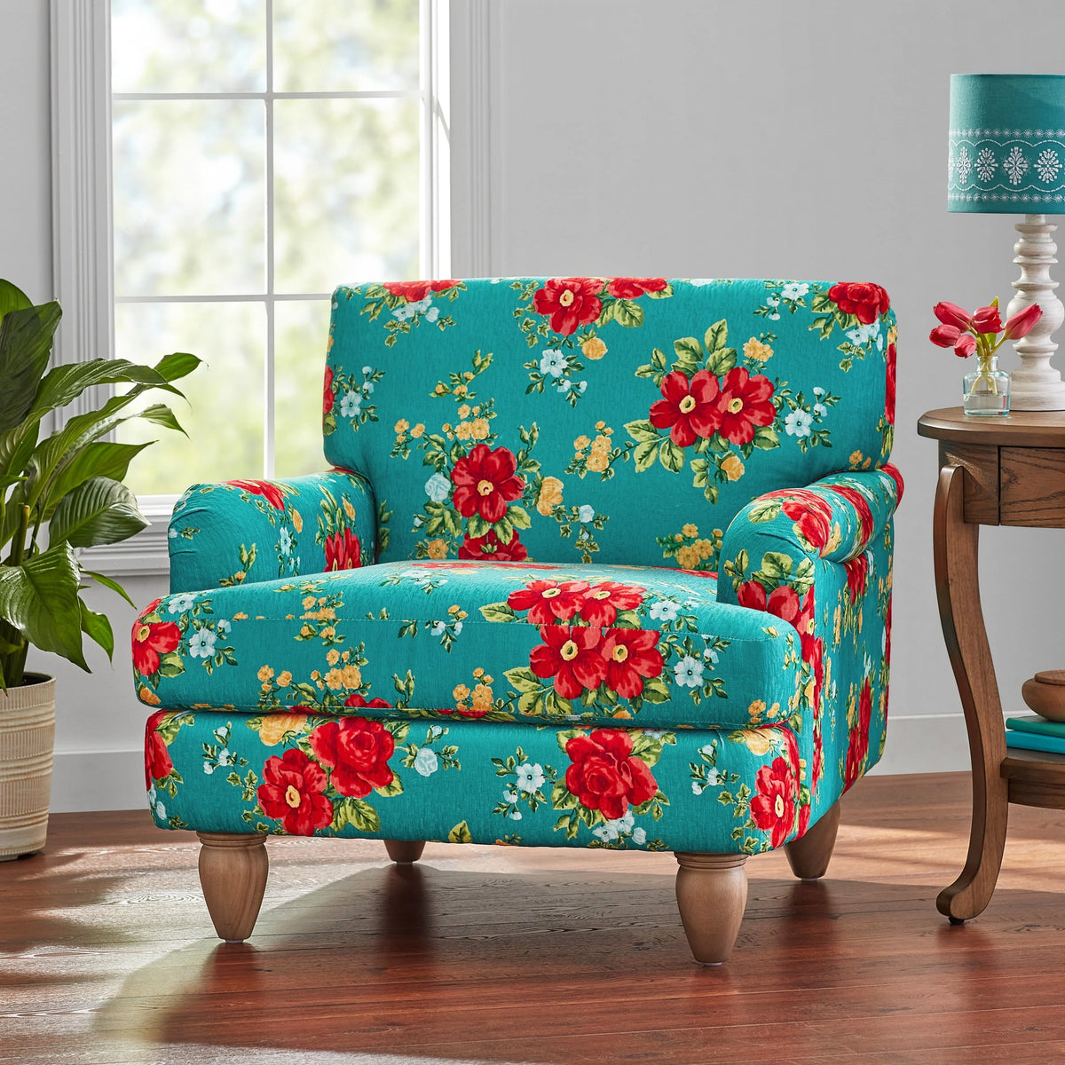 2026 NewThe Pioneer Woman Vintage Floral Low Back Fabric Accent Chair, Teal