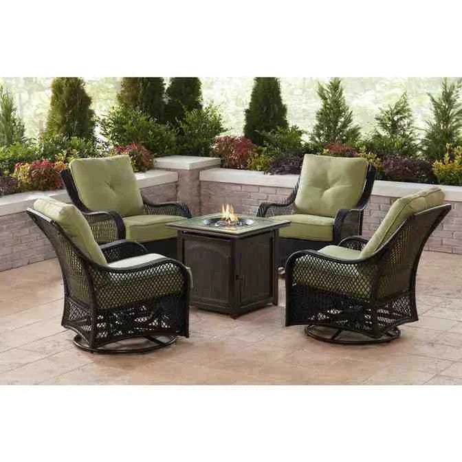 2026 New2025 5-piece steel patio fire pit seating set with navy blue cushions, swivel gliders and square fire pit table
