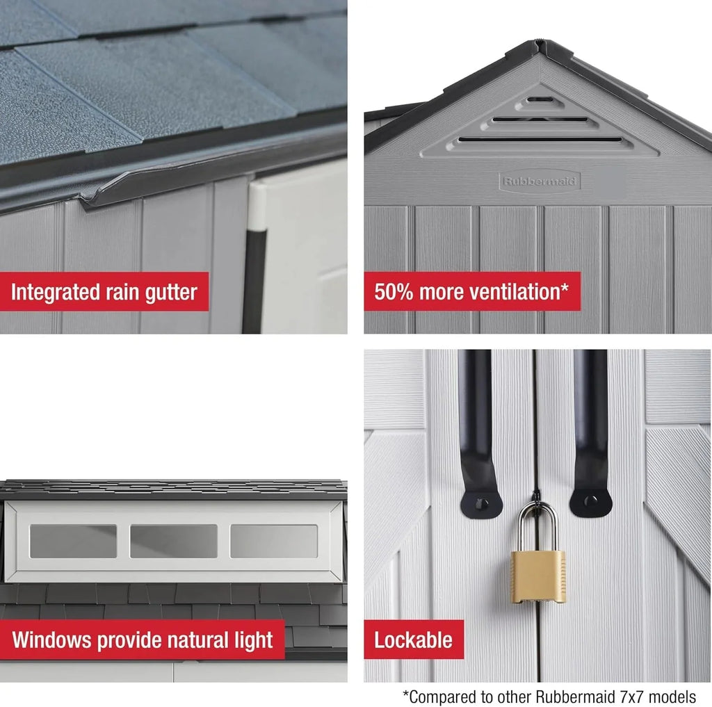 2026 NewRubbermaid resin garden shed with floor (2.13 x 2.13 m), weatherproof, grey, for storing garden tools, lawnmowers, bicycles and pool accessories