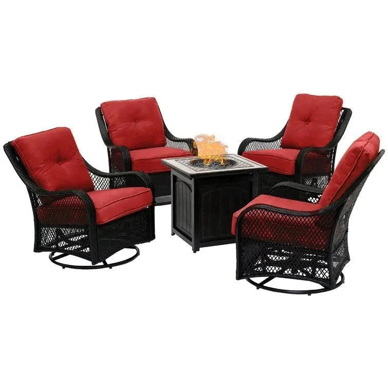 2026 New2025 5-piece steel patio fire pit seating set with navy blue cushions, swivel gliders and square fire pit table