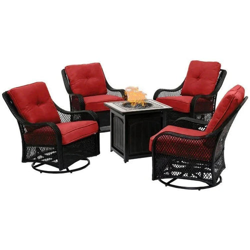 2026 New2025 5-piece steel patio fire pit seating set with navy blue cushions, swivel gliders and square fire pit table