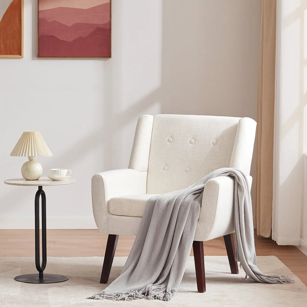2026 NewHUIMO  Accent Chair, Button-Tufted Upholstered  Living Room Chairs,  Mid Century Modern Comfy Reading Chairs for Bedroom, Living Room, Beige