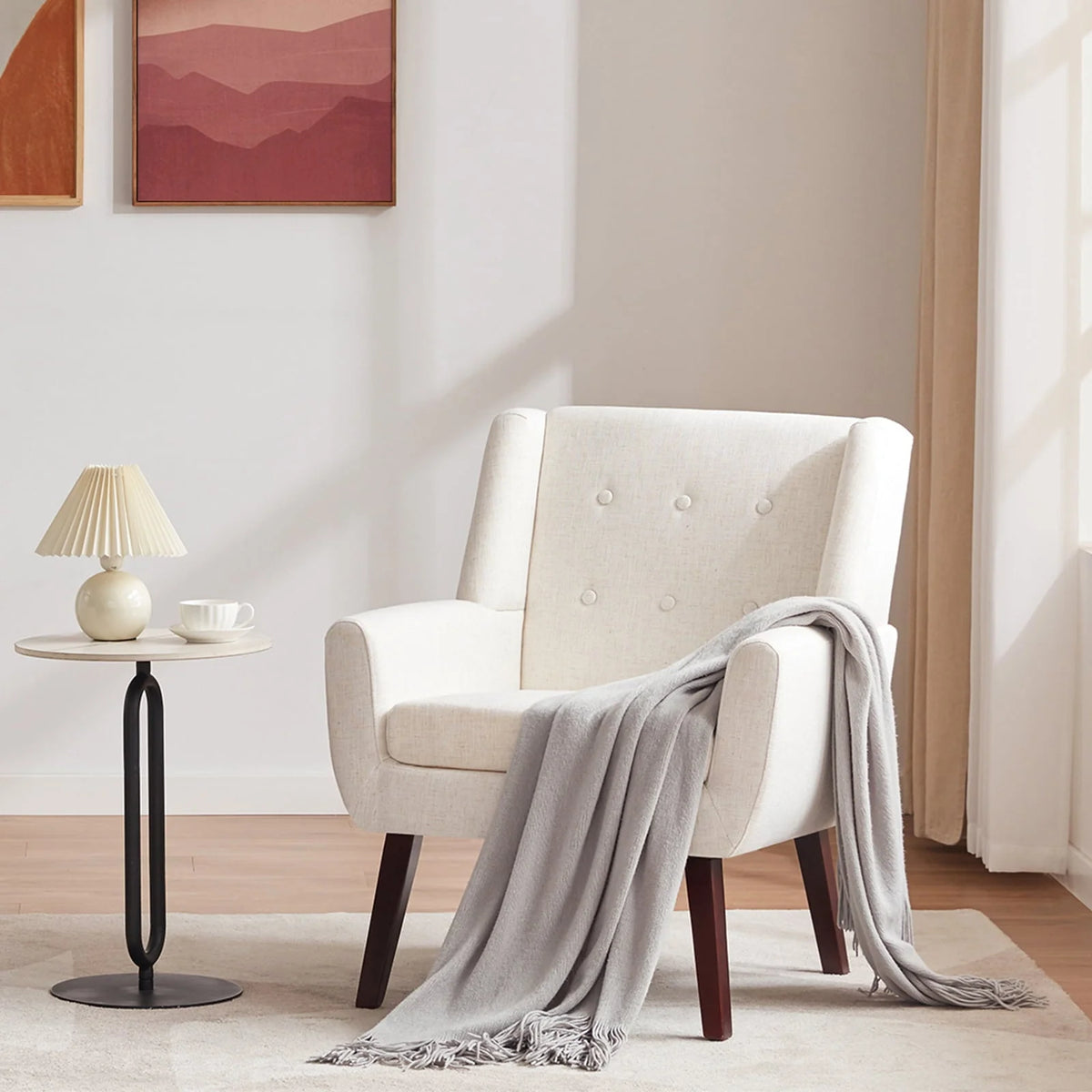 2026 NewHUIMO  Accent Chair, Button-Tufted Upholstered  Living Room Chairs,  Mid Century Modern Comfy Reading Chairs for Bedroom, Living Room, Beige