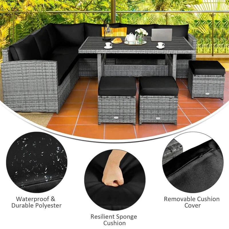 2026 New7 Pcs Rattan Patio Dining Furniture Sectional Sofa Set with Dining Table, Ottomans & Cushions