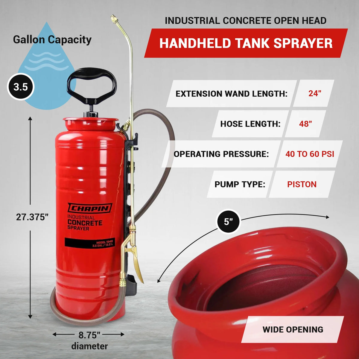 2026 NewChapin 1949 3.5 Gallon Tri-Poxy Industrial Concrete Open Head Tank Sprayer