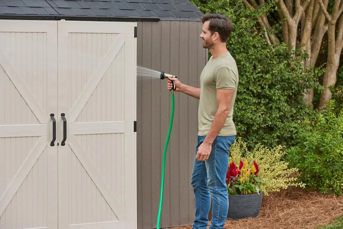 2026 NewRubbermaid resin garden shed with floor (2.13 x 2.13 m), weatherproof, grey, for storing garden tools, lawnmowers, bicycles and pool accessories