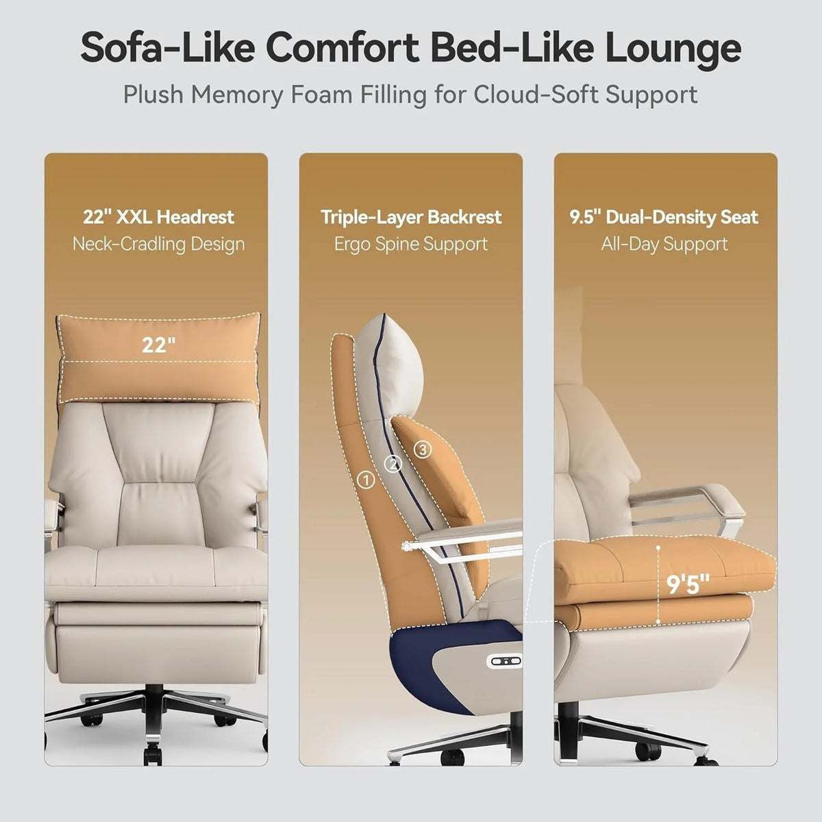 2026 NewM80 executive chair with two motors and footrest, for tall and heavy people, up to 190 kg, beige