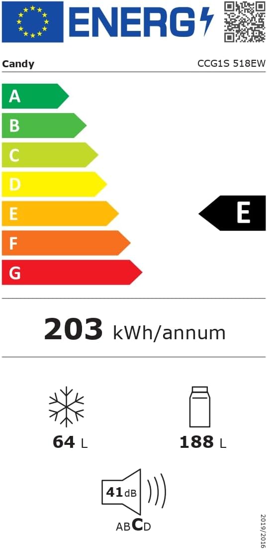 2026 Candy CCG1S 518EW - Frigorífico Combi, Ancho 55cm, Altura 1,80m, 252L, Cajón Verdulero, Control Mecánico de la temperatura, Iluminación LED, Puerta Reversible, 41DB, Blanco