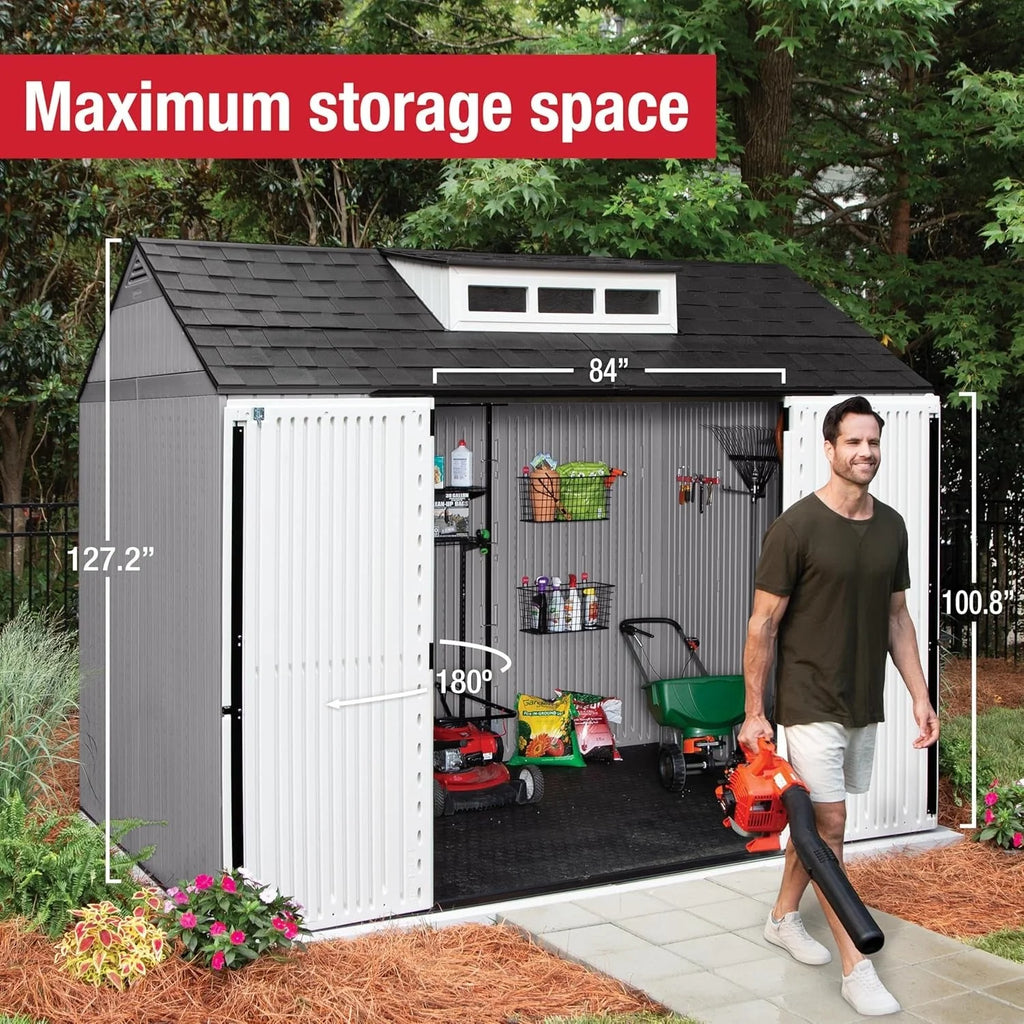 2026 NewRubbermaid resin garden shed with floor (2.13 x 2.13 m), weatherproof, grey, for storing garden tools, lawnmowers, bicycles and pool accessories