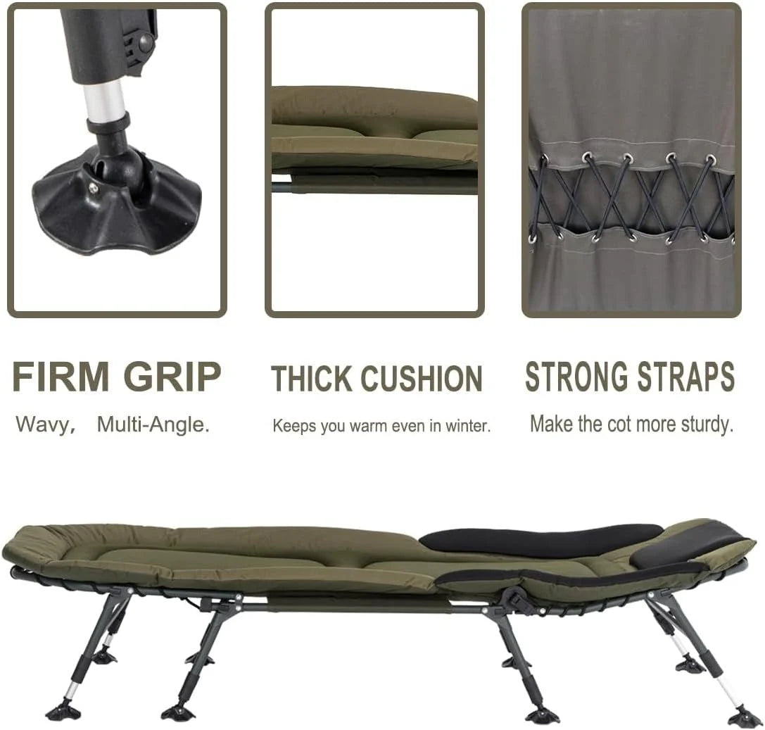 2026 NewCamping Cots for Adults 330Lbs with Carry Bag, Heavy Duty Folding Bed with Soft Padded Cushion, Portable Military Cot for Hunting, 180° Adjustable Reclining Outdoor Lounger