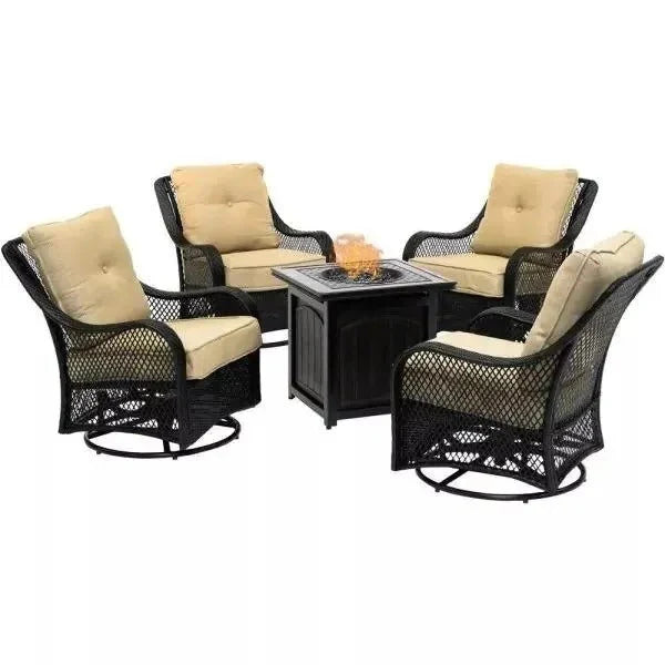 2026 New2025 5-piece steel patio fire pit seating set with navy blue cushions, swivel gliders and square fire pit table