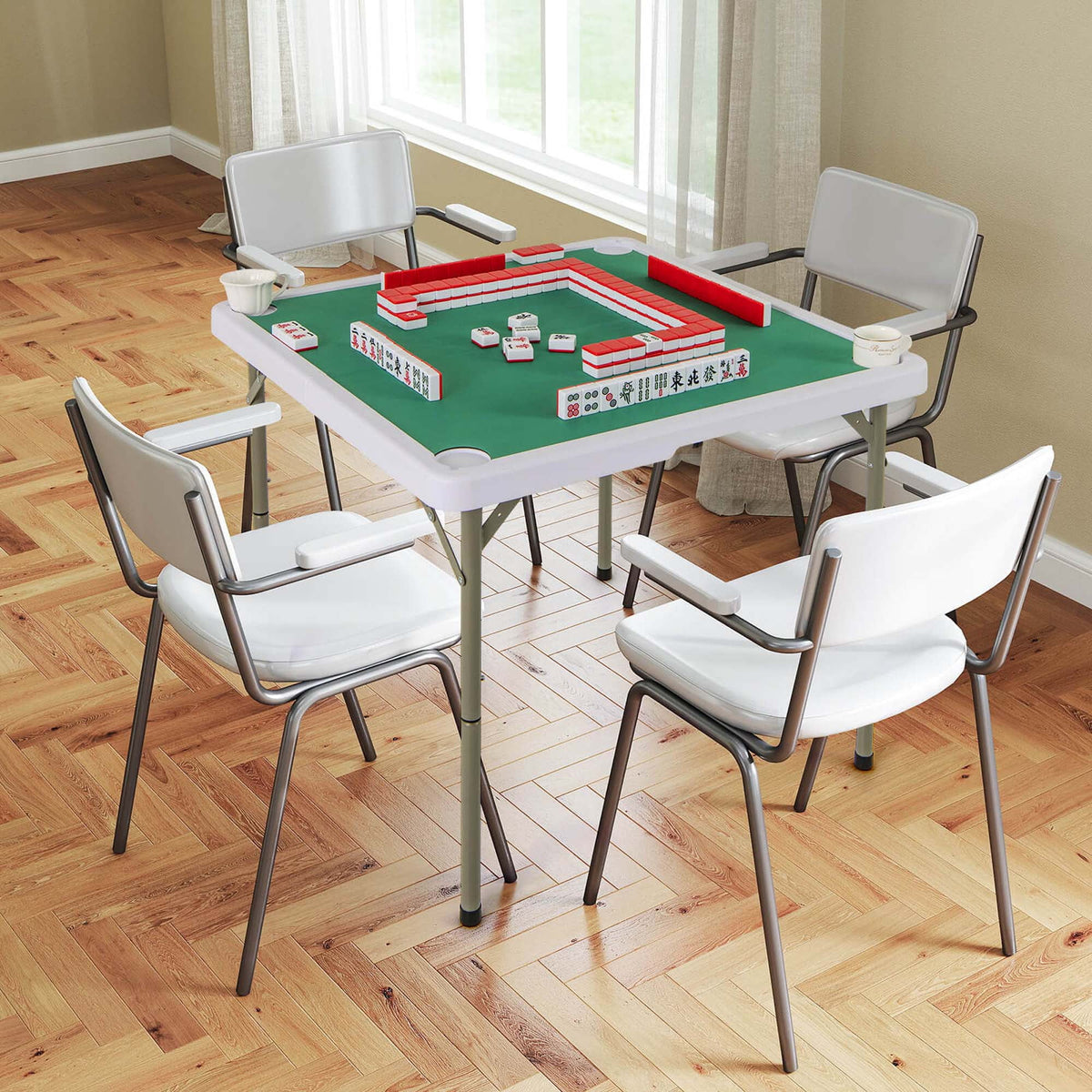 2026 NewCostway 35" Folding Mahjong Table with Cup Holders & Smooth Felt Mat Carrying Handle Green
