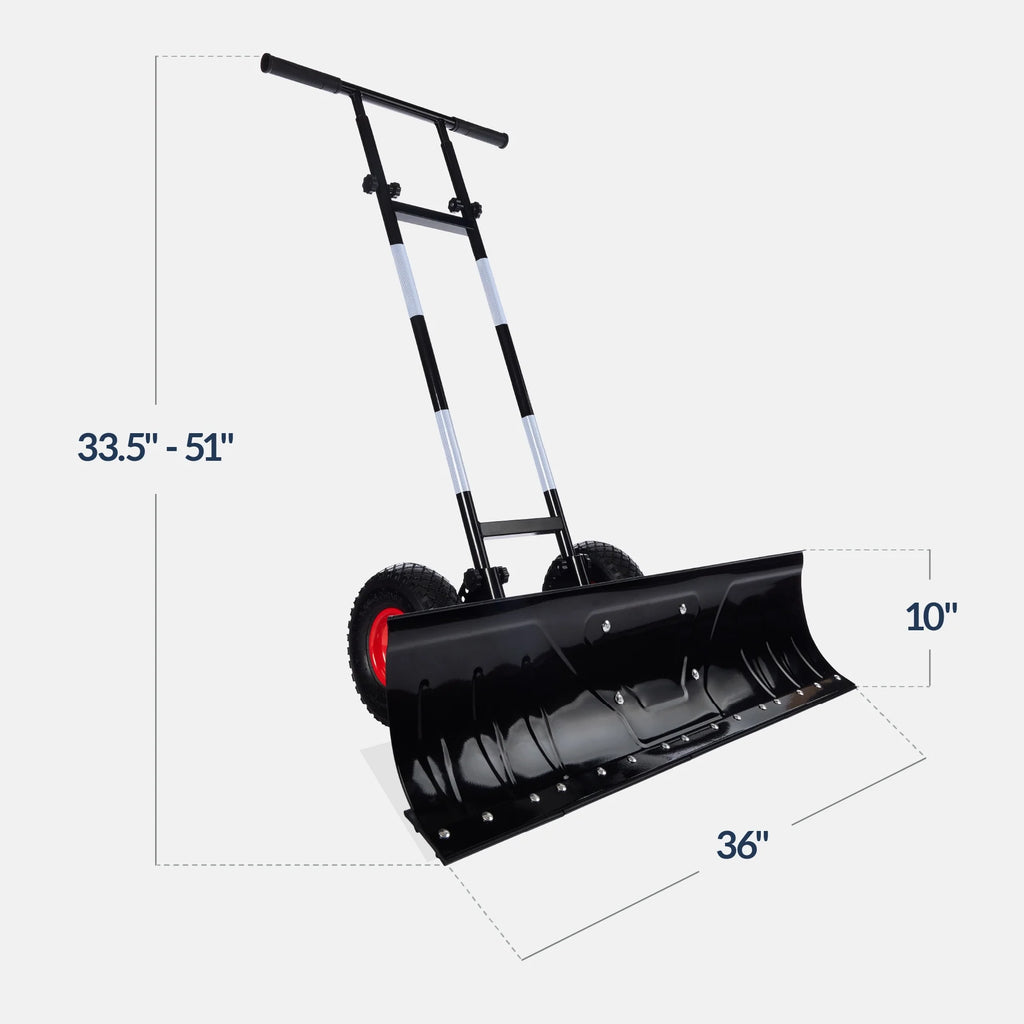2026 NewBest Choice Products 36in Galvanized Blade Hand Snow Pusher w/ 2 Wheels, Adjustable Handle, Blade Angle - Black