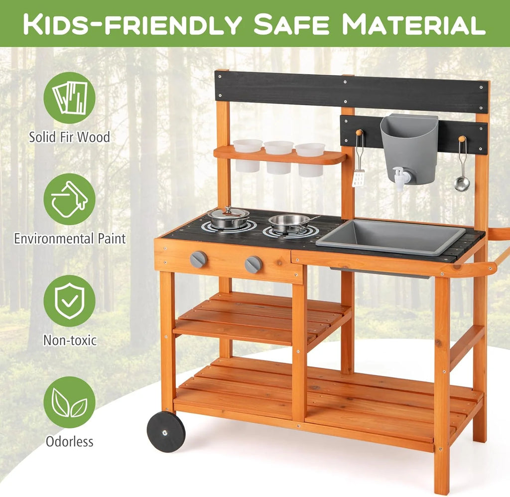 2026 NewOLAKIDS Mud Kitchen, Outdoor Play Kitchen with Wheels 3 Cups Removable Sink Cooking Accessories Wooden Kids Kitchen Playset Backyard Garden Toys Gift for Boys Girls Ages 3+