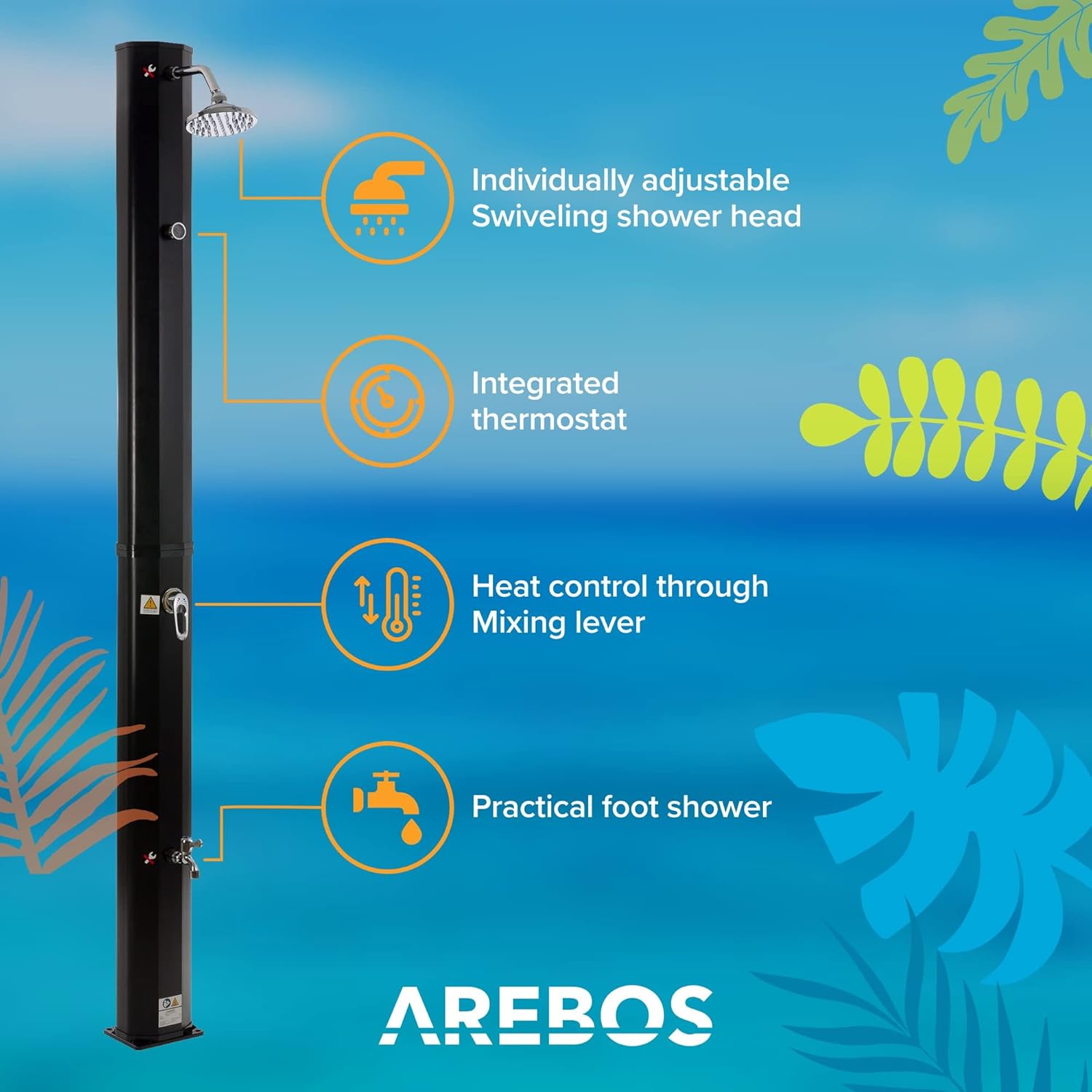 2026 Arebos Ducha Solar | 35 litros | 216cm | con termómetro Integrado | Incl.Portada | Cabezal de Ducha Redondo | con Ducha de pies | Ducha de jardín con conexión para Manguera de jardín | Negro
