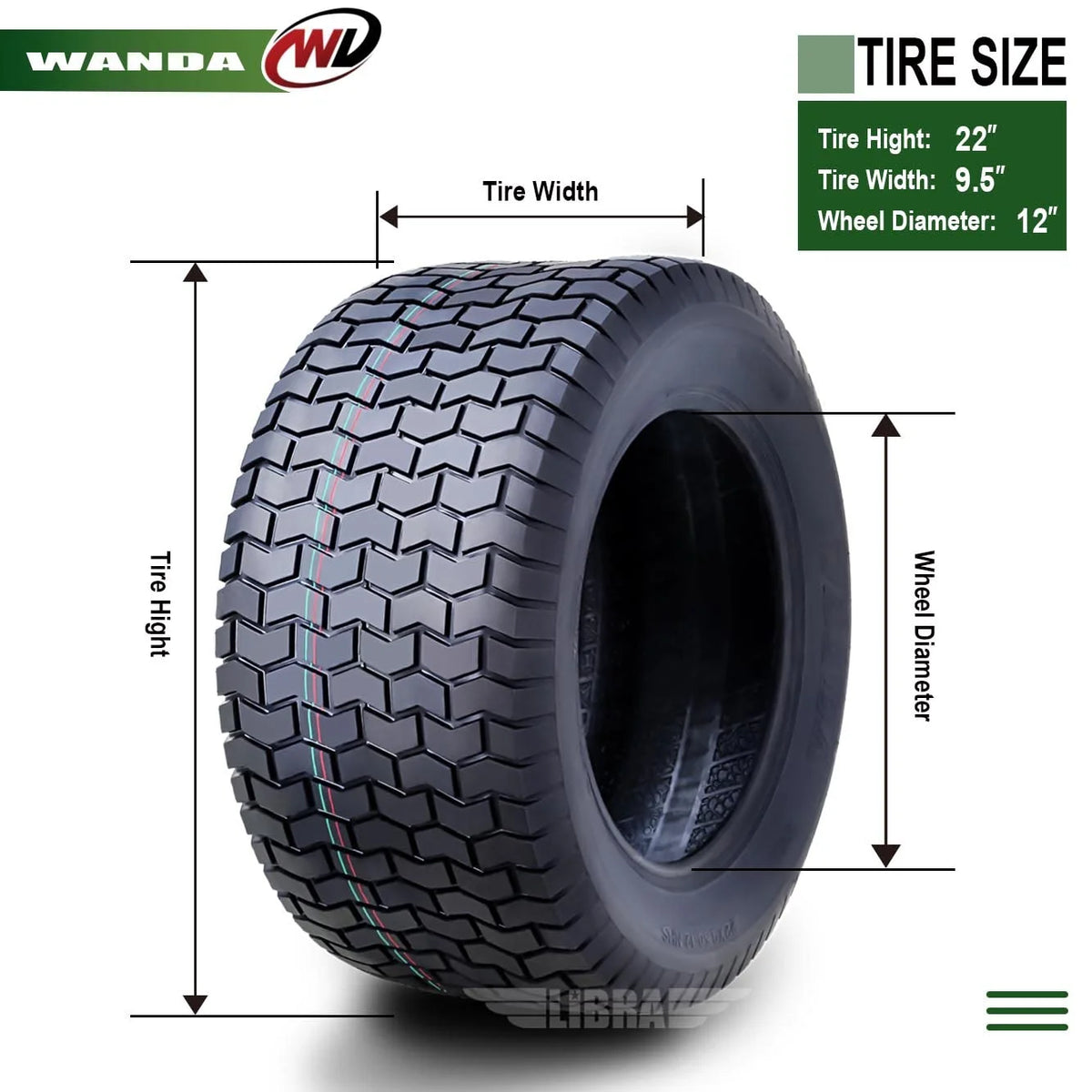 2026 NewWANDA 22X9.5-12 Lawn Mower Tractor Cart Turf Tire 4 Ply 22x9.5x12-13135