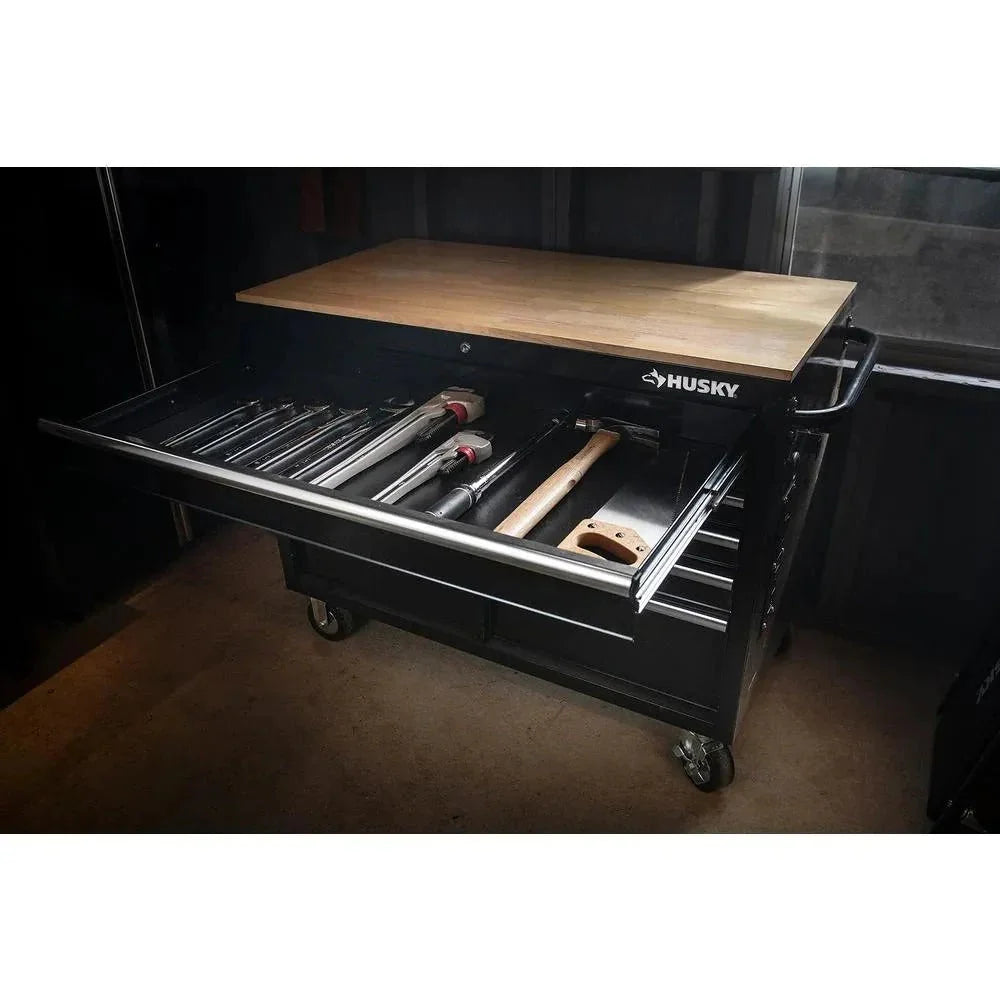 2026 NewMobile workbench with 9 drawers, hardwood top and power connection, 117 cm W x 62 cm D – high-gloss black