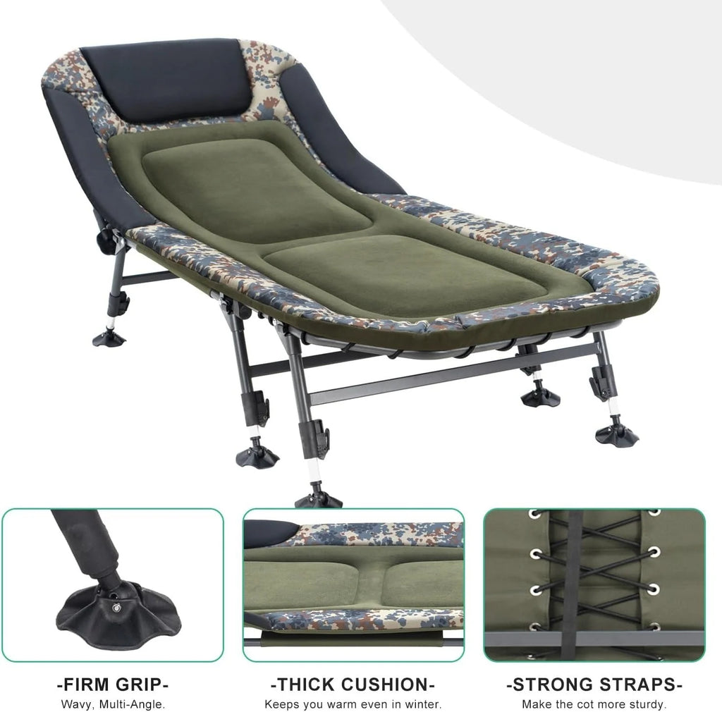2026 NewCamping Cots for Adults 330Lbs with Carry Bag, Heavy Duty Folding Bed with Soft Padded Cushion, Portable Military Cot for Hunting, 180° Adjustable Reclining Outdoor Lounger