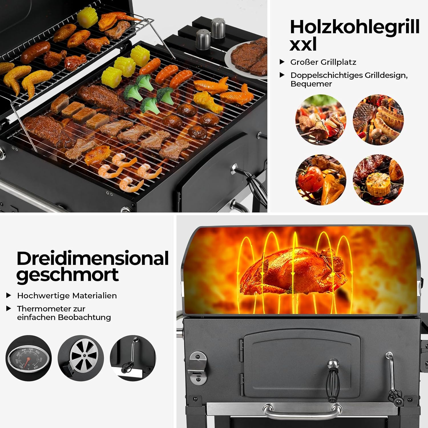 2026 Barbacoa de Carbon XXL, Parrilla de Carbón con Chimenea y Tapa, Parrilla con Carrito BBQ Smoker con Ruedas y Termómetro, Grande BBQ Carbon para Camping y Jardín