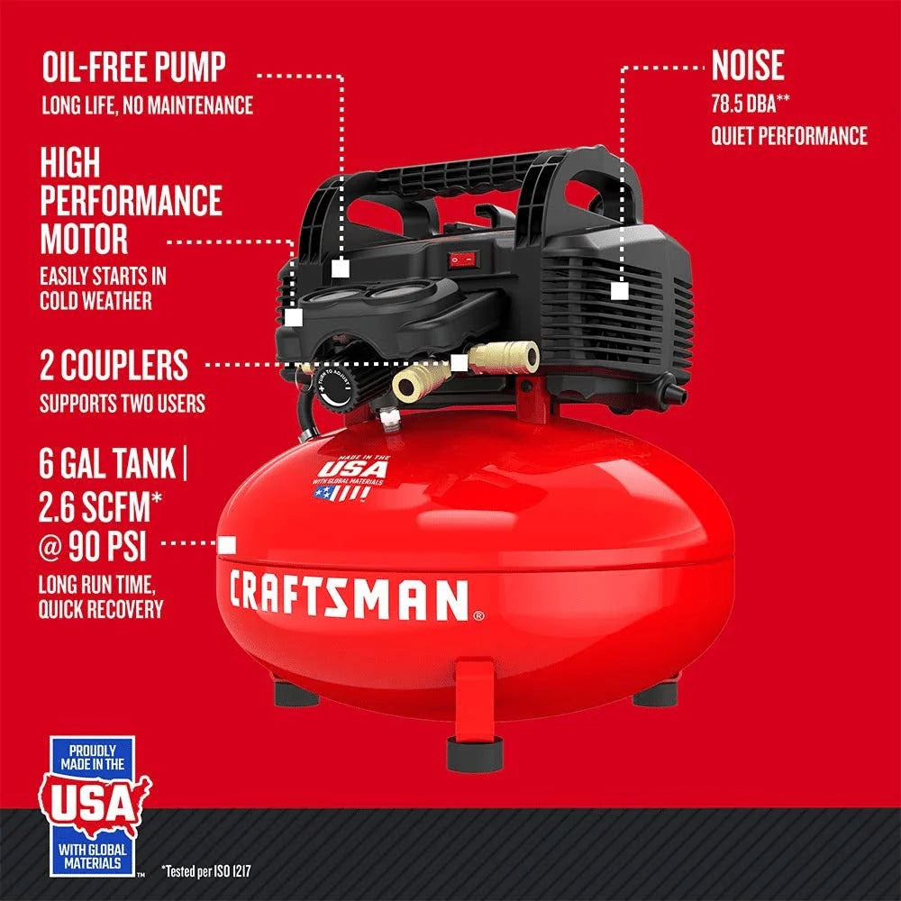 2026 NewCraftsman 6-gallon pancake air compressor, oil-free, 150 PSI, portable with accessory kit