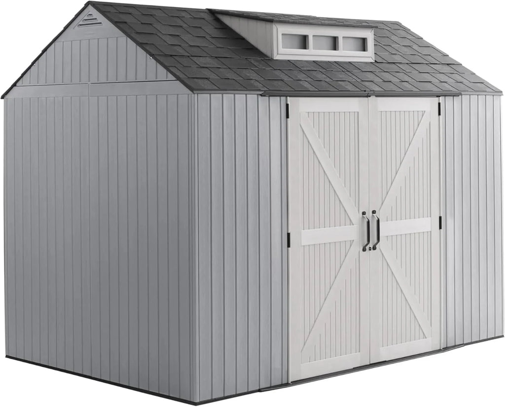 2026 NewRubbermaid resin garden shed with floor (2.13 x 2.13 m), weatherproof, grey, for storing garden tools, lawnmowers, bicycles and pool accessories