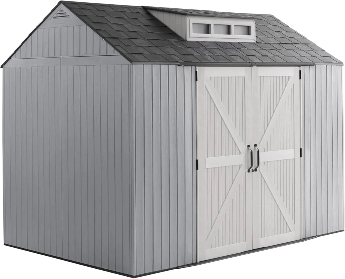 2026 NewRubbermaid resin garden shed with floor (2.13 x 2.13 m), weatherproof, grey, for storing garden tools, lawnmowers, bicycles and pool accessories