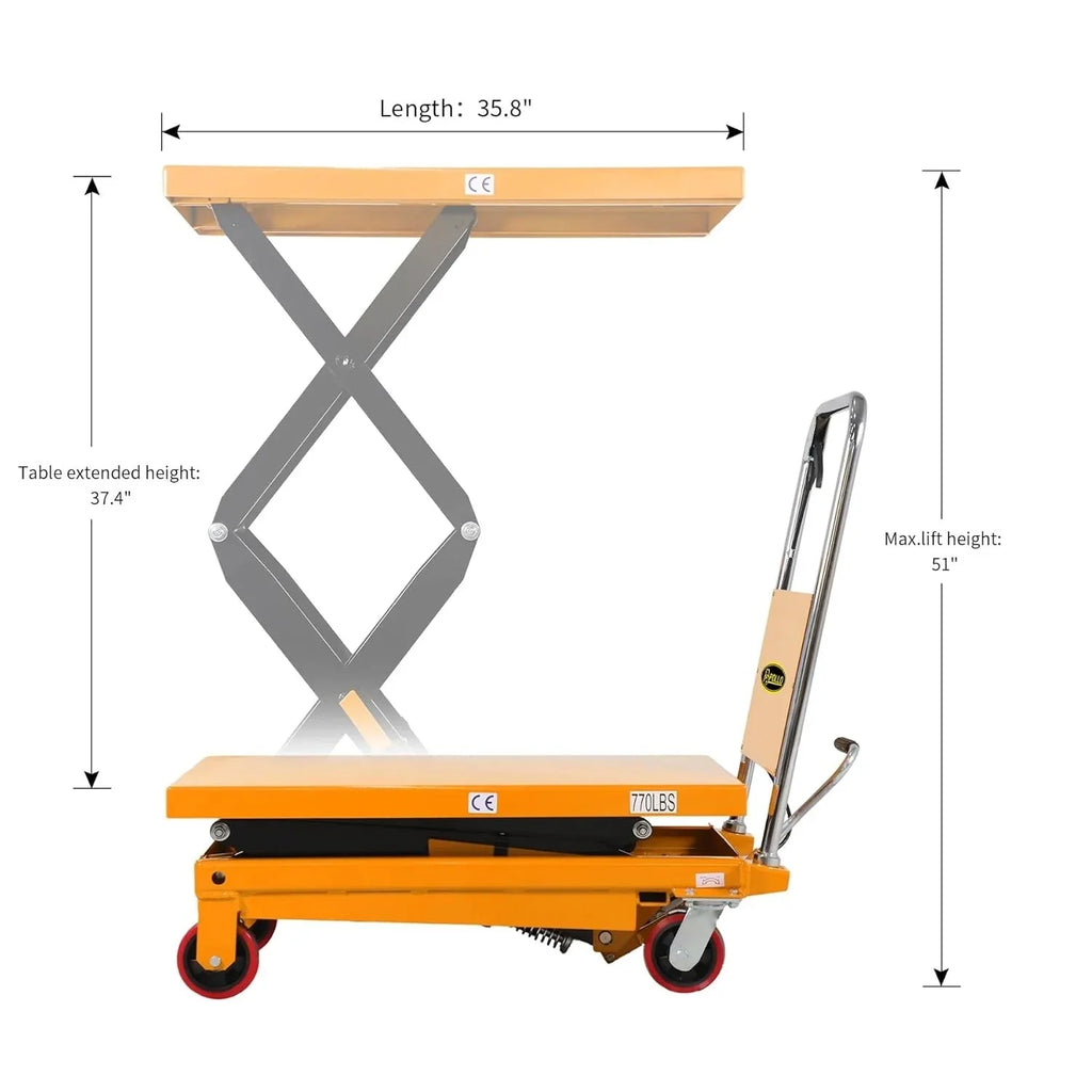 2026 NewHydraulic lifting table trolley – load capacity 350 kg, maximum height 130 cm, double scissor lift table with safety device and 4 wheels