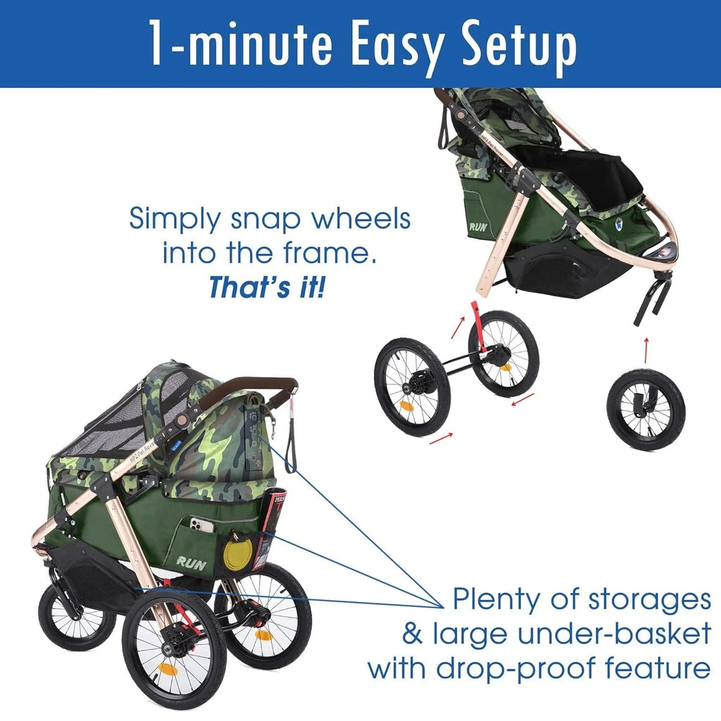 2026 NewJogging Sports Stroller with Comfort Rubber Wheels/Zipper-Less Entry/1-Hand Quick Fold/Aluminum Frame for Small/Medium Dogs, Cats and Pets (Green Camo)