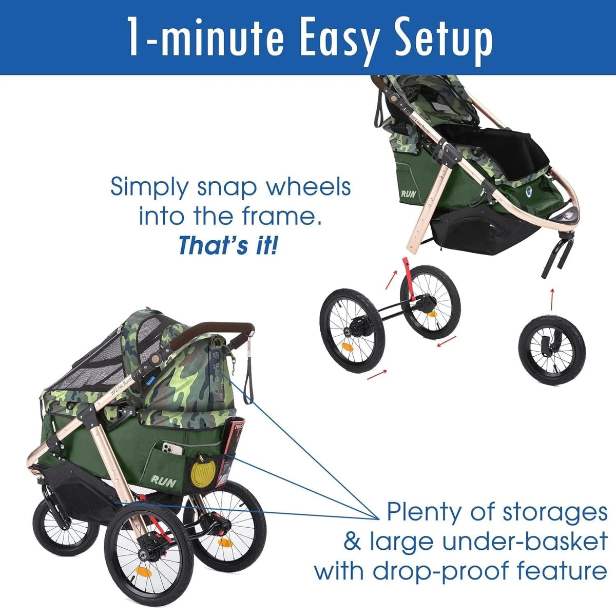 2026 NewJogging Sports Stroller with Comfort Rubber Wheels/Zipper-Less Entry/1-Hand Quick Fold/Aluminum Frame for Small/Medium Dogs, Cats and Pets (Green Camo)