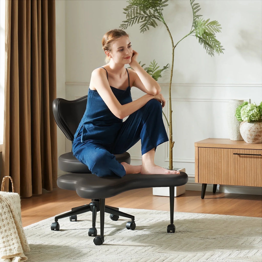 2026 NewPinmoco Ergonomic Cross Legged Swivel Chair, Adjustable Height and Teddy Fabric, Meditation& ADHD Chair with Back Support, Home and Office, Off White