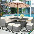 2026 New7 Pcs Rattan Patio Dining Furniture Sectional Sofa Set with Dining Table, Ottomans & Cushions