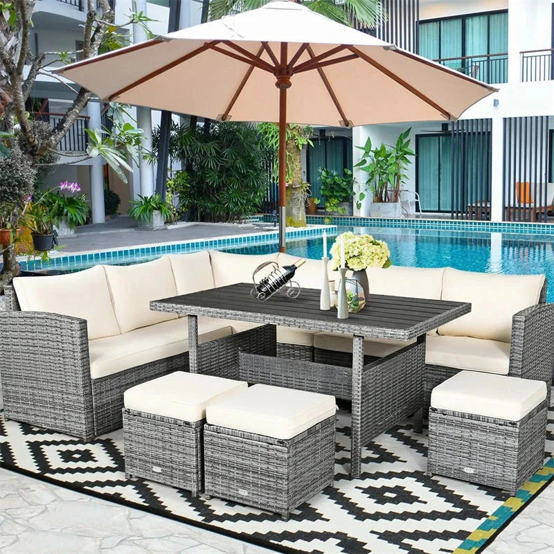 2026 New7 Pcs Rattan Patio Dining Furniture Sectional Sofa Set with Dining Table, Ottomans & Cushions