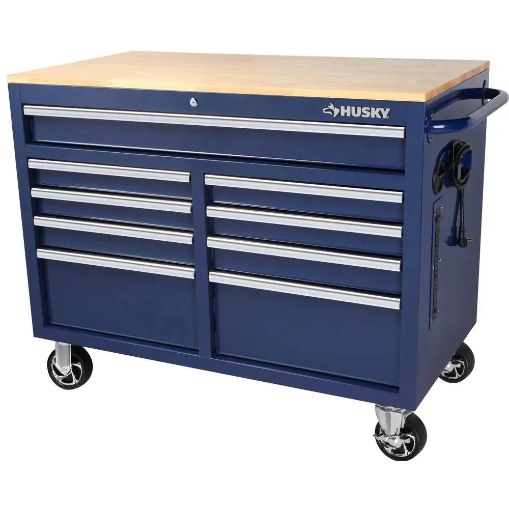 2026 NewMobile workbench with 9 drawers, hardwood top and power connection, 117 cm W x 62 cm D – high-gloss black