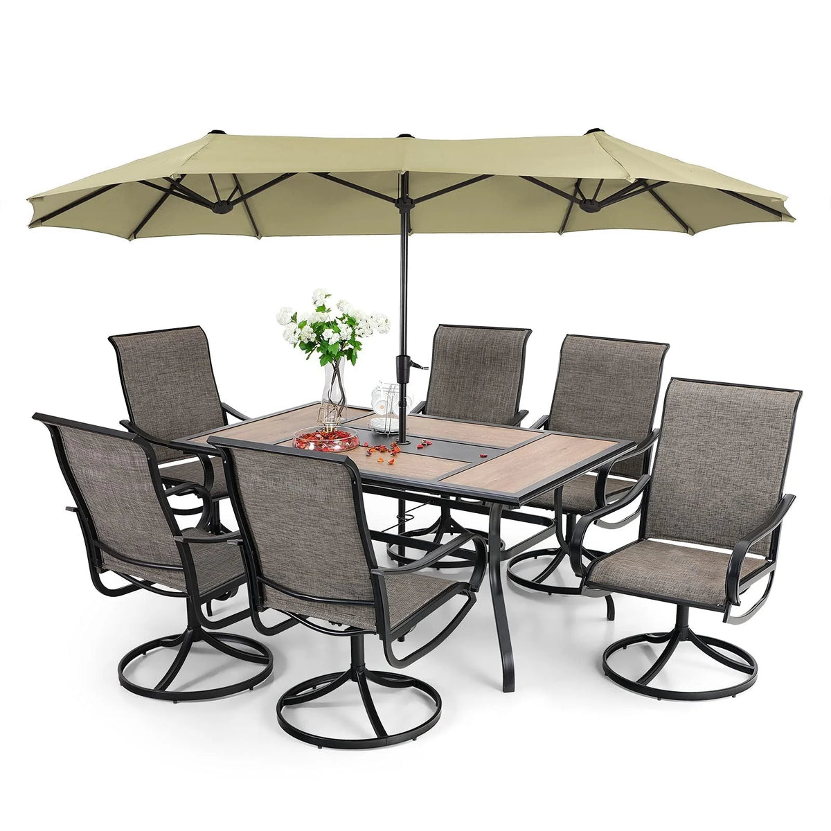 2026 New8-piece patio dining set with parasol, garden furniture set with 6 swivel dining chairs with mesh covers