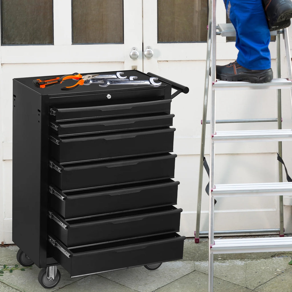 2026 New7-Drawer Rolling Tool Chest Cabinet, Large Capacity Metal Tool Box with Wheels and Cylinder Locking, Roll Around Storage Organizer Tool Cart for Garage, Warehouse, Work Shop - Black