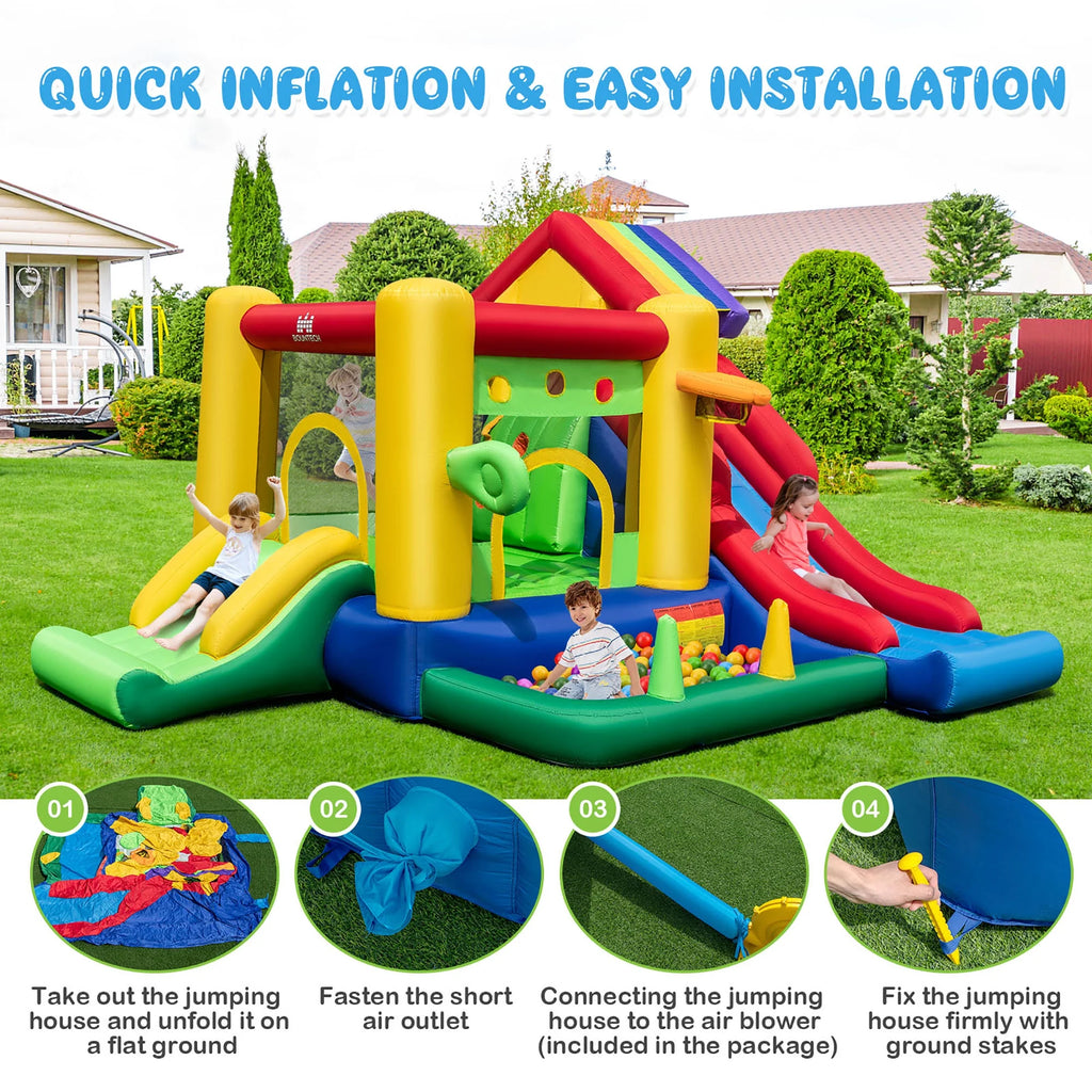 2026 NewCostway Colorful Rainbow Kids Inflatable Bounce Castle with 50 Ocean Balls & 735W Blower