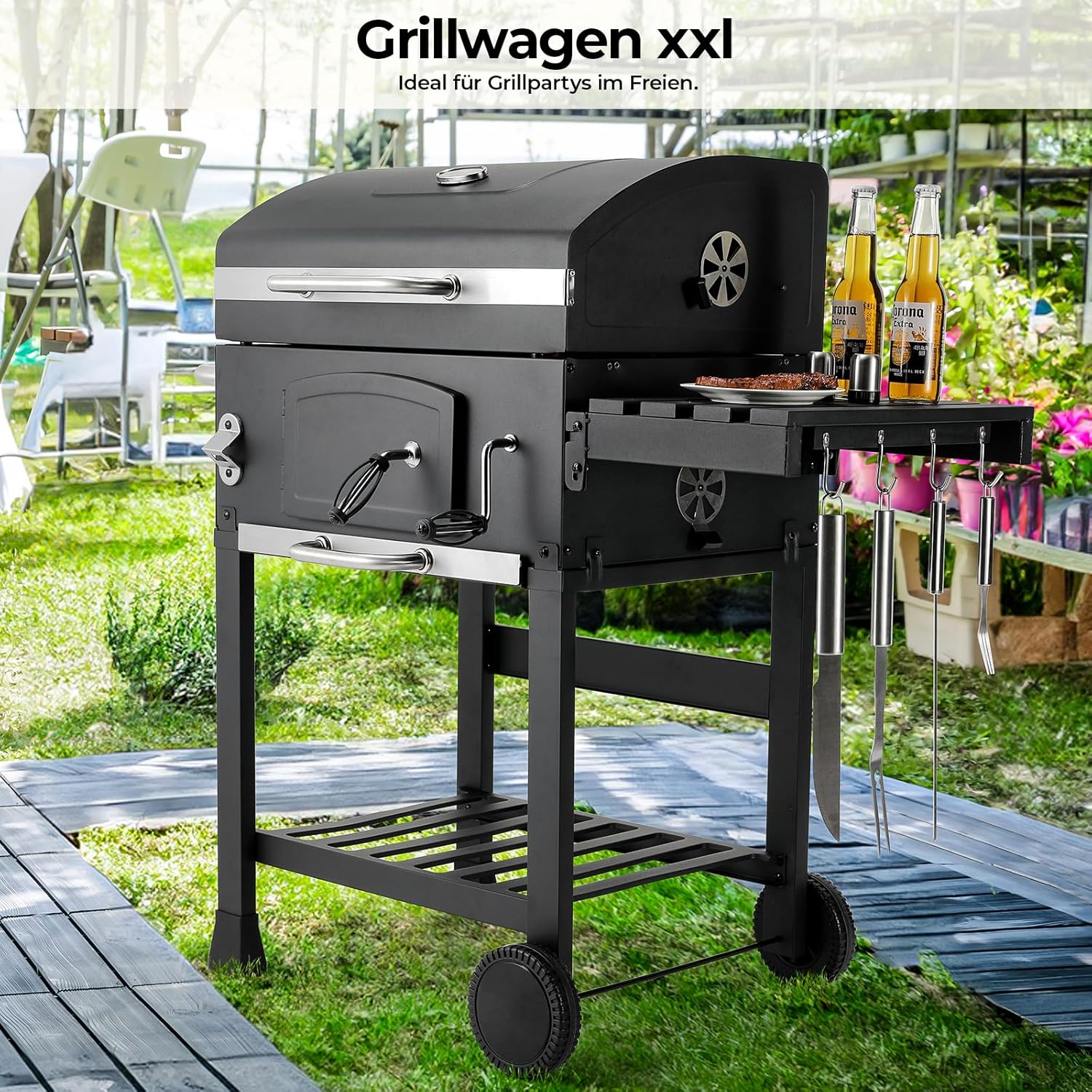 2026 Barbacoa de Carbon XXL, Parrilla de Carbón con Chimenea y Tapa, Parrilla con Carrito BBQ Smoker con Ruedas y Termómetro, Grande BBQ Carbon para Camping y Jardín
