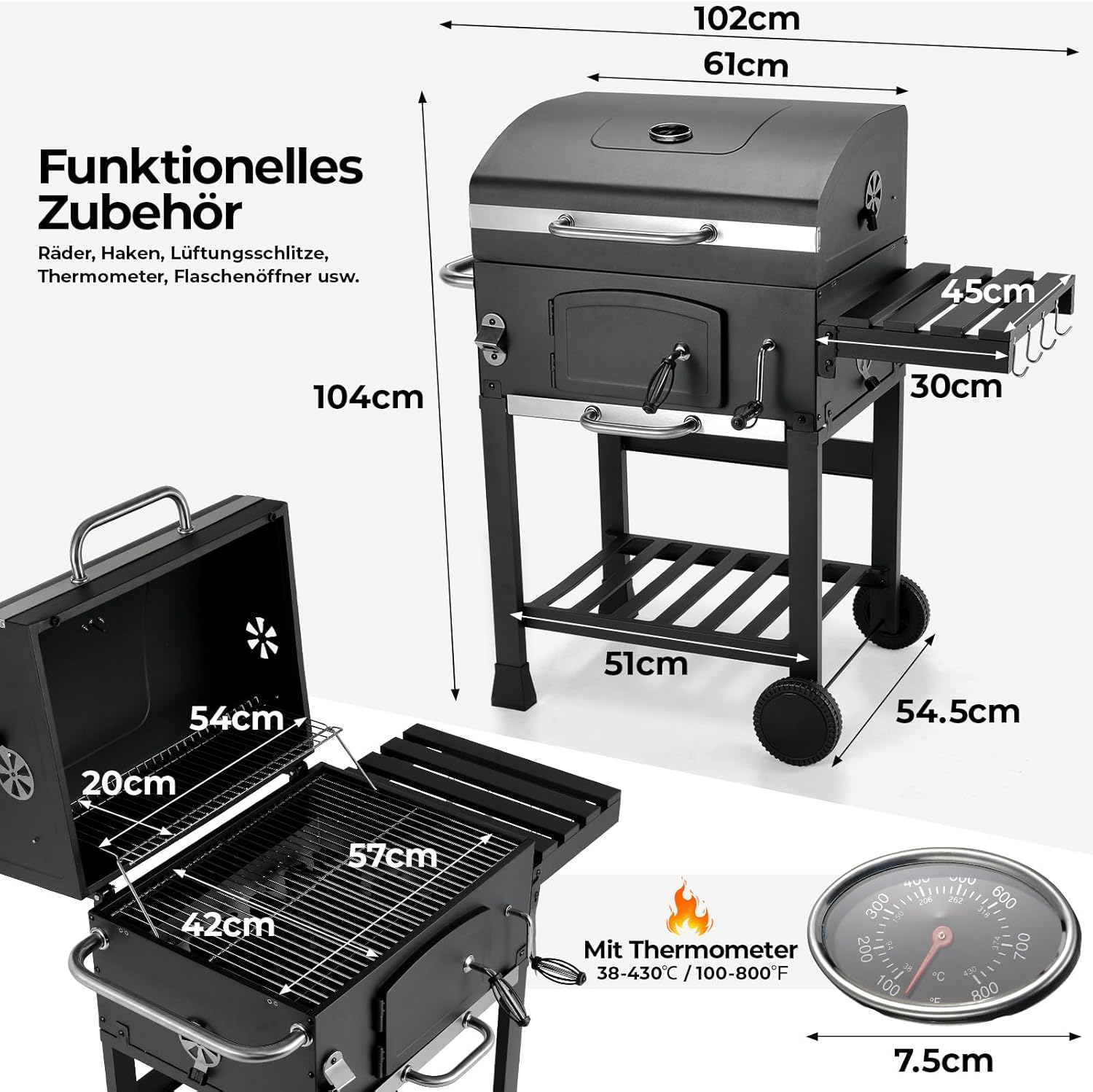 2026 Barbacoa de Carbon XXL, Parrilla de Carbón con Chimenea y Tapa, Parrilla con Carrito BBQ Smoker con Ruedas y Termómetro, Grande BBQ Carbon para Camping y Jardín
