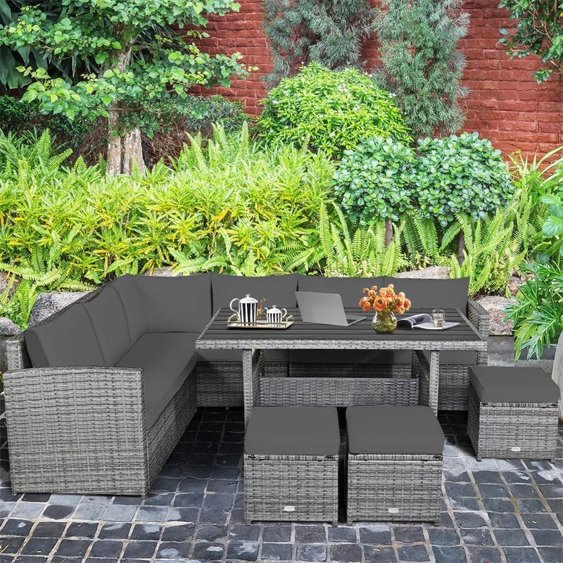 2026 New7 Pcs Rattan Patio Dining Furniture Sectional Sofa Set with Dining Table, Ottomans & Cushions