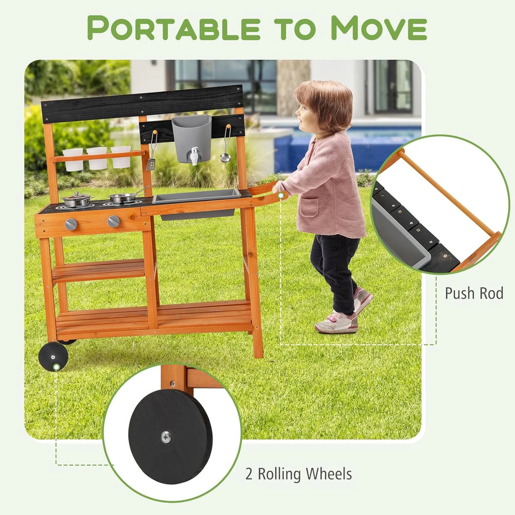 2026 NewOLAKIDS Mud Kitchen, Outdoor Play Kitchen with Wheels 3 Cups Removable Sink Cooking Accessories Wooden Kids Kitchen Playset Backyard Garden Toys Gift for Boys Girls Ages 3+