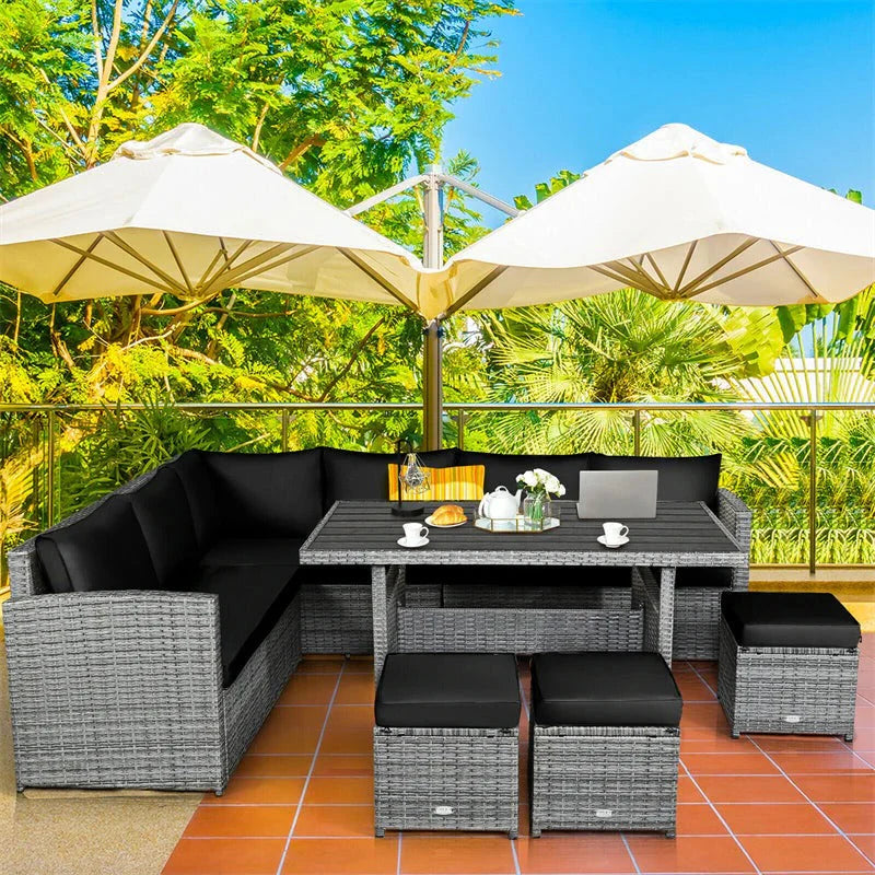2026 New7 Pcs Rattan Patio Dining Furniture Sectional Sofa Set with Dining Table, Ottomans & Cushions