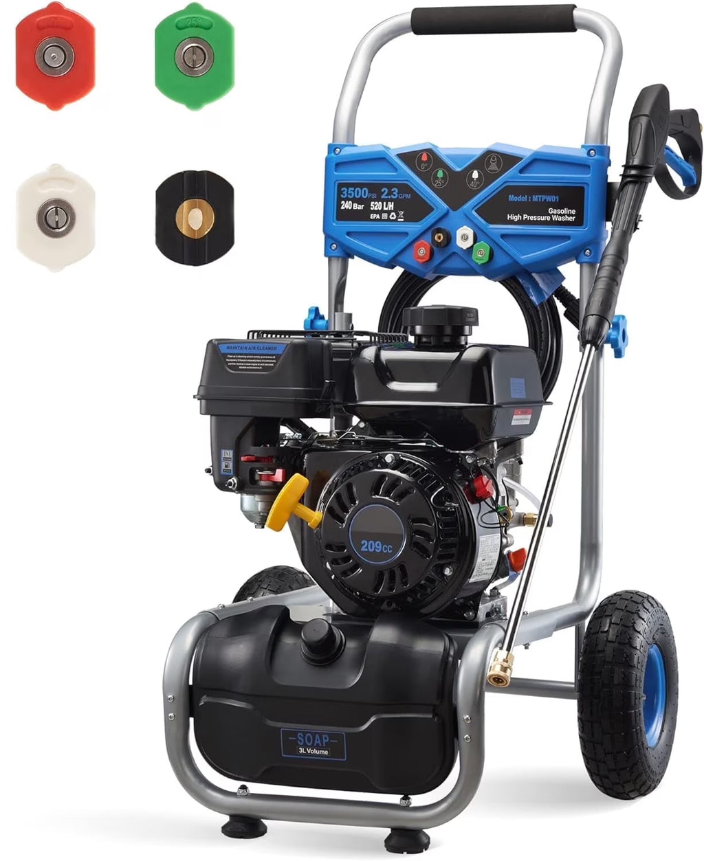 2026 NewEfurden 3500PSI Gas Pressure Washer, 2.3GPM Gas Powered High Pressure Clean Machine with 209CC Engine, 4 Adjustable Nozzles for Cleaning Walls, Terraces, Vehicles, Gardens (Blue)